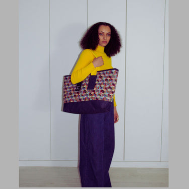 Oversized Tote Bag in Geometric Tapestry Denim