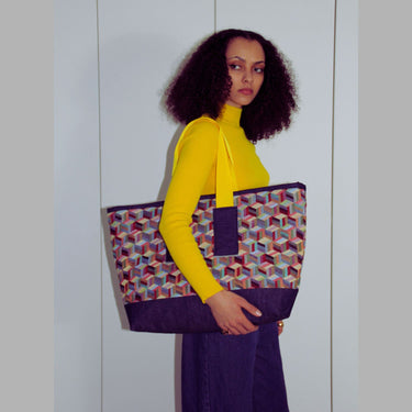 Oversized Tote Bag in Geometric Tapestry Denim