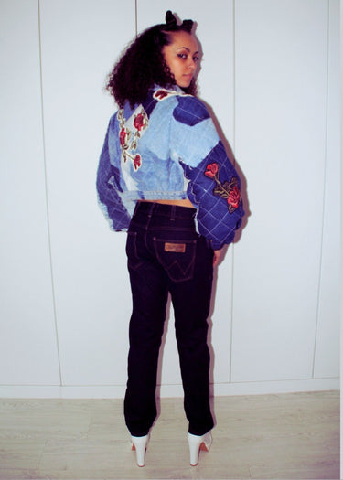 Avant Garde Upcycled Denim Bomber Jacket Red Roses