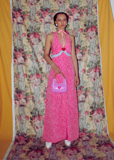 Cornflower Blue Flora Print Halter Neck Maxi Dress
