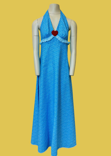Cornflower Blue Flora Print Halter Neck Maxi Dress