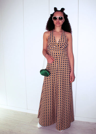 Geometric 1970s Print Halter Neck Maxi Dress