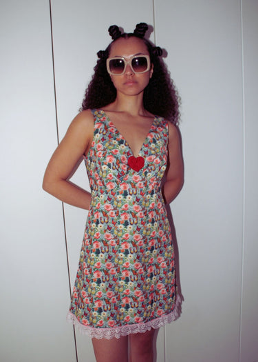 1970s Vintage Green Floral A line Baby Doll Dress