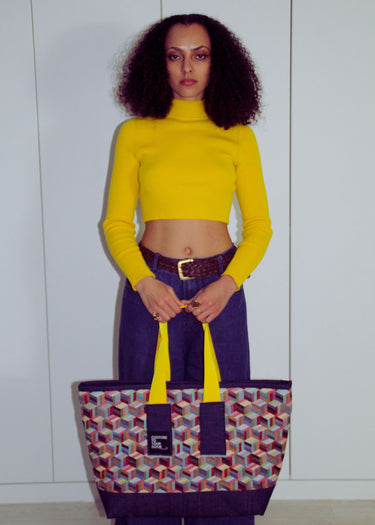Oversized Tote Bag in Geometric Tapestry Denim
