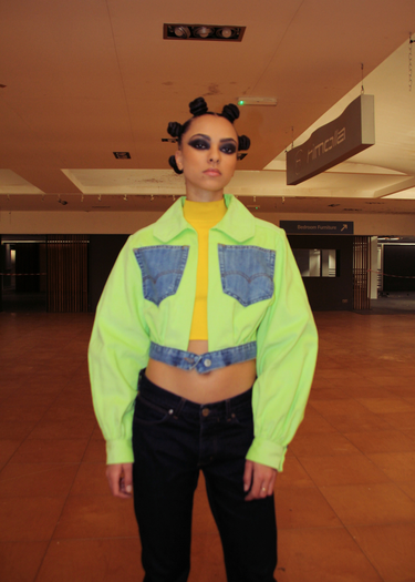 Lime Green Corduroy Upcycled x Denim Cropped Jacket