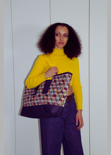 Oversized Tote Bag in Geometric Tapestry Denim