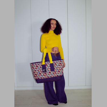 Oversized Tote Bag in Geometric Tapestry Denim
