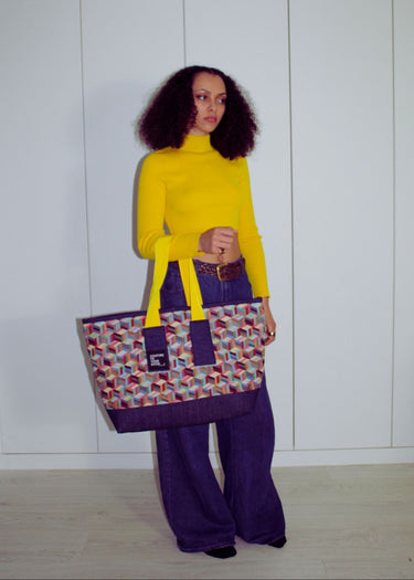Oversized Tote Bag in Geometric Tapestry Denim