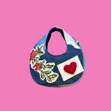 Upcycled Denim Rose Heart Moon Bag