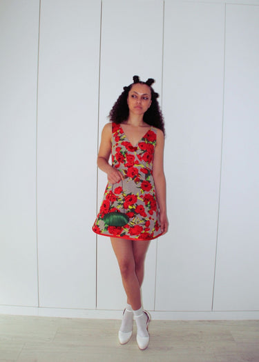 1970s Rose Red Vintage Floral A line Baby Doll Dress