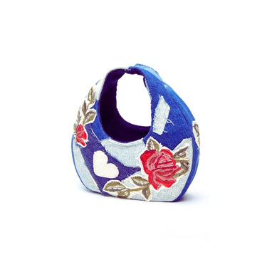 Upcycled Denim Rose Heart Moon Bag