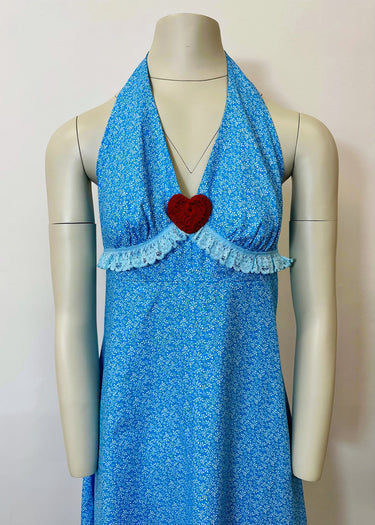 Cornflower Blue Flora Print Halter Neck Maxi Dress
