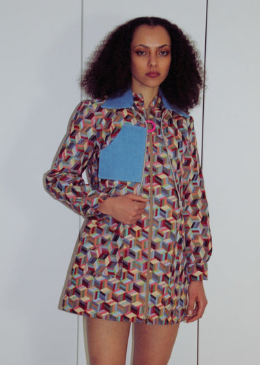 Geometric Cropped Tapestry Bomber Jacket