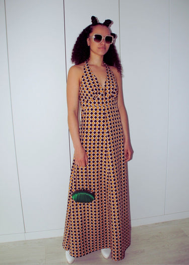 Geometric 1970s Print Halter Neck Maxi Dress