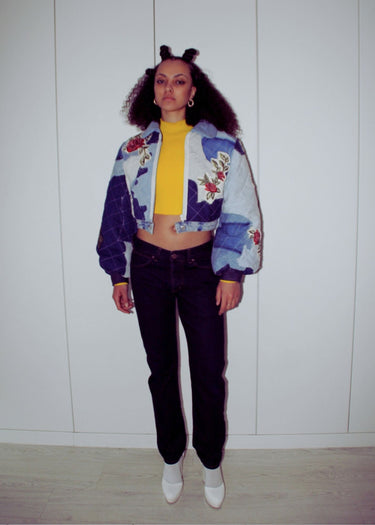 Avant Garde Upcycled Denim Bomber Jacket Red Roses
