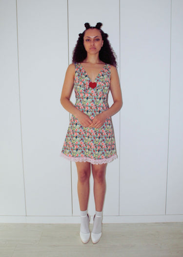 1970s Vintage Green Floral A line Baby Doll Dress