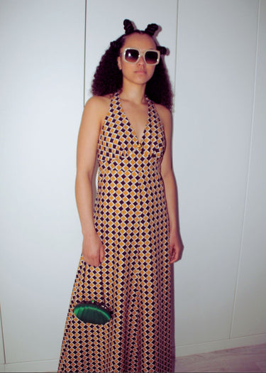 Geometric 1970s Print Halter Neck Maxi Dress