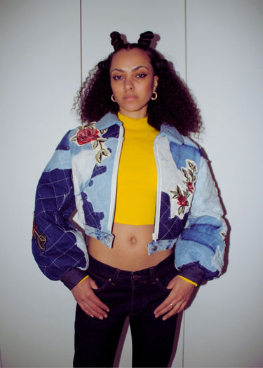 Avant Garde Upcycled Denim Bomber Jacket Red Roses