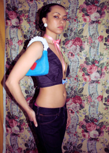 Upcycled Denim Bow Tie Cropped Top
