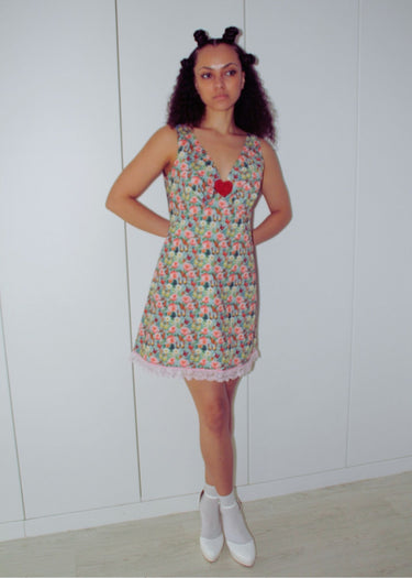 1970s Vintage Green Floral A line Baby Doll Dress